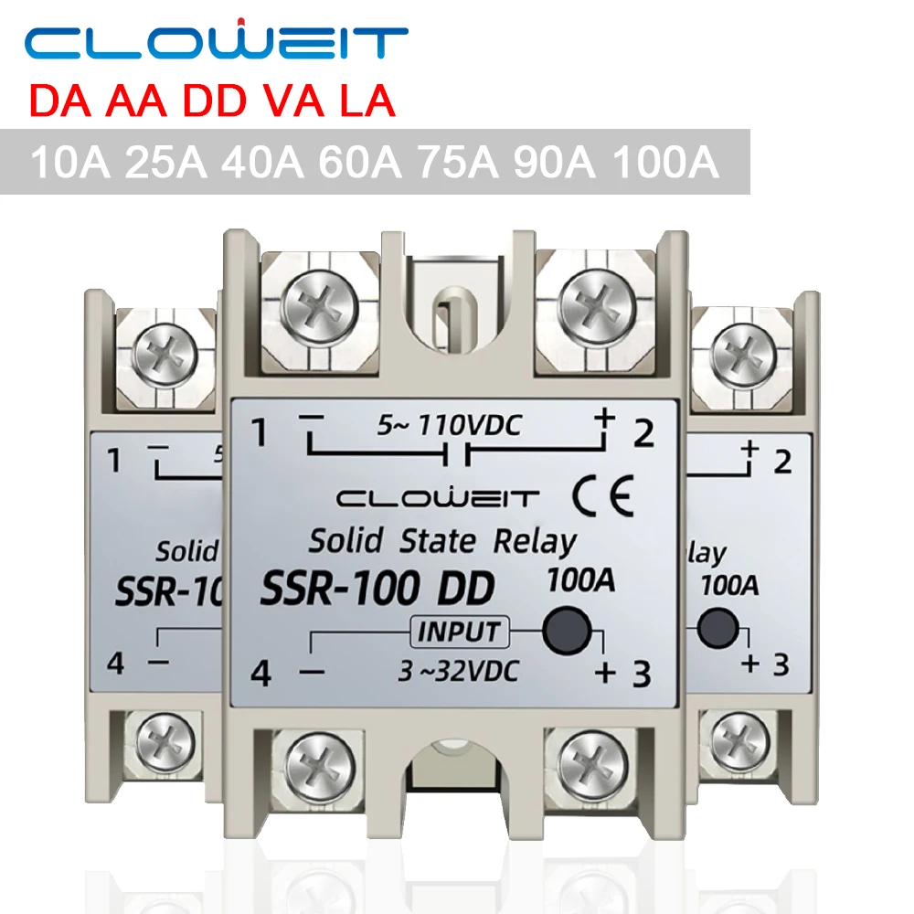 

Cloweit SSR Solid State Relay DA/AA/DD 10 TO 100A DC Control DC/AC AC Control AC CE Input 3-32VD Control Output 5-250VDC