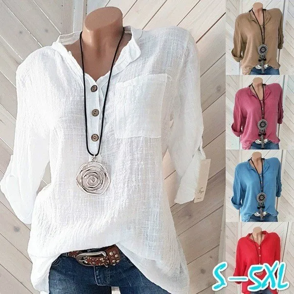 

Helisopus Women Solid Color Cotton Linen Blouse Autumn Casual Long Sleeve Button V Neck Loose Shirts Lady Tops S-5XL