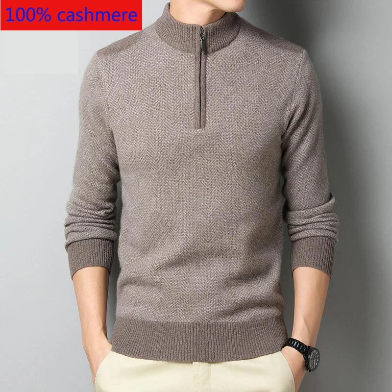 

New High Quality Winter Men 100% Cashmere Semi High Zipper Collar Computer Knitted Casual Thick Men Sweater Plus Size XS-5XL