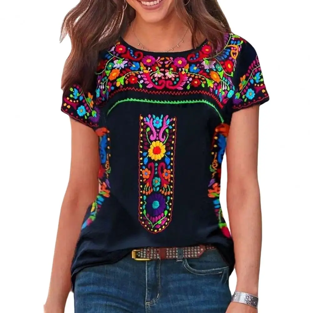 

Fashion Casual Women's T Shirt O-neck Short Sleeve Loose Fit Women T-shirt Vintage Boho Ethnic Floral Print Tee Shirt Workwear