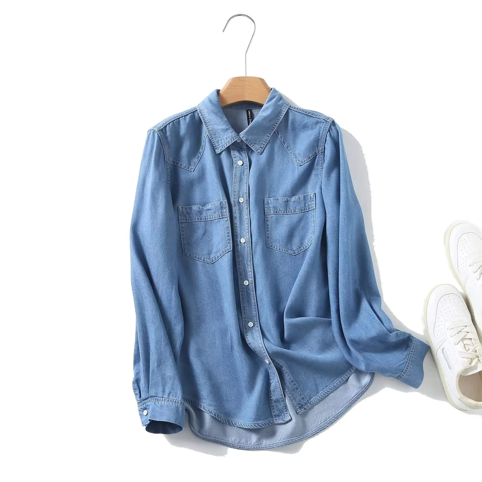 Осенняя джинсовая рубашка Lyocell женские повседневные свободные топы в стиле ретро
