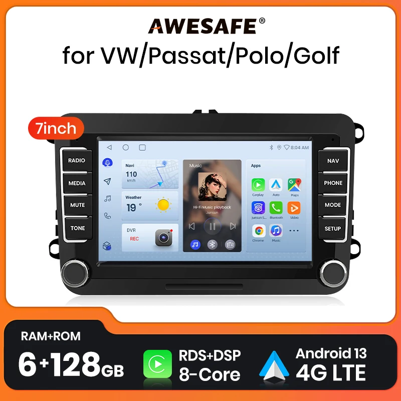 AWESAFE беспроводной CarPlay Android 13 радио для Volkswagen SEAT Leon GOLF Passat B6 GPS Навигация стерео