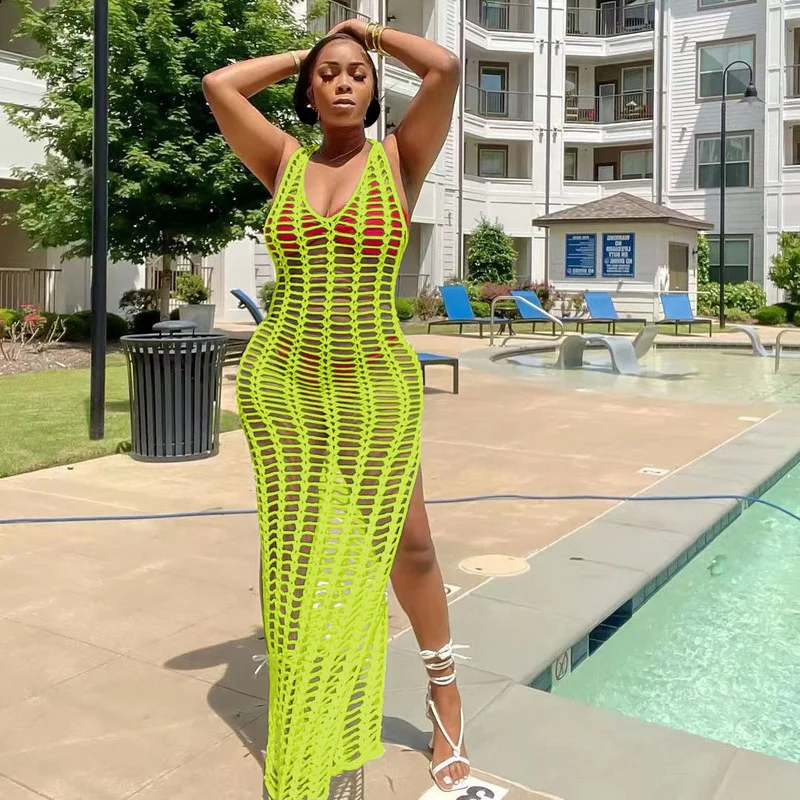 

WUHE Hollow Out Beach Cover Ups 2022 Summer Women Sexy V Neck Sleeveless High Split Maxi Casual Tank Dress Holiday Outfits