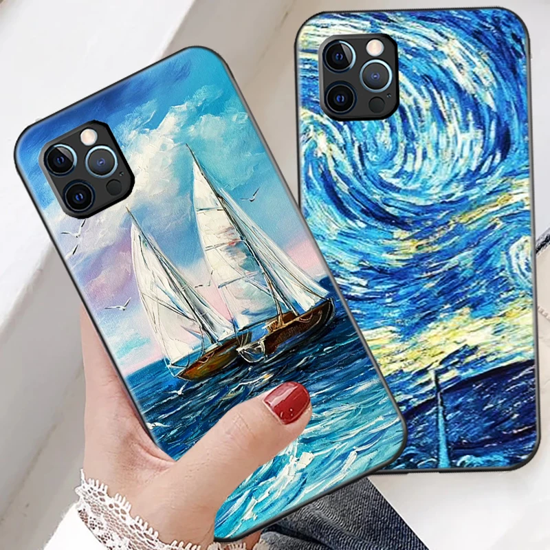 

Vintage Landscape Oil Painting Phone Case For Funda iPhone 11 12 13 Pro Max 12 Mini X XR XS Max 6 6s 7 8 Plus Etui Black