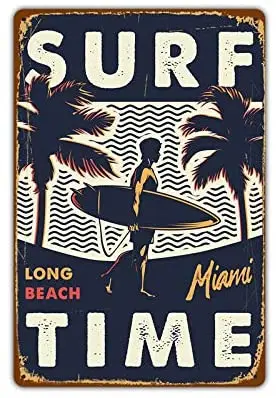 

Tin Sign Surf Long Beach Miami Time Poster Metal Wall Sign Home Bedroom Beach Wall Decoration Plaque Metal Plate 12*8 Inches