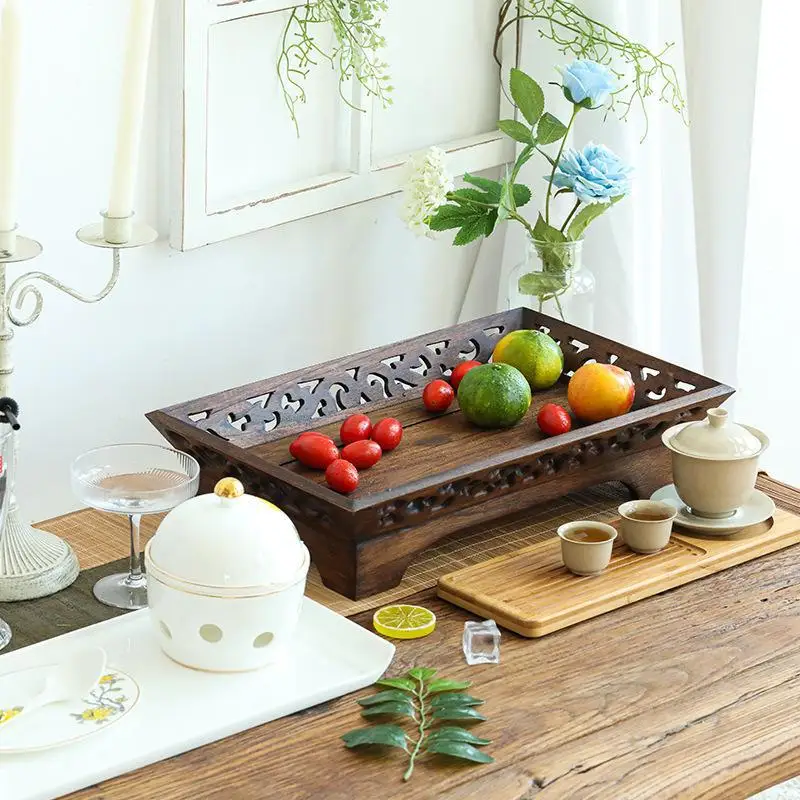 

Thailand Solid Wood Carved Fruit Plate Home Living Room Tea Table Decoration New Chinese Style Wooden Vintage Tray Creative Frui