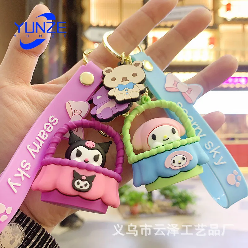 

Sanrio Key Chain Pendant Creative Flower Basket Hellokitty Kuromi Car Key Chain Lovely Mymelody Pompom Purin Doll Small Gift