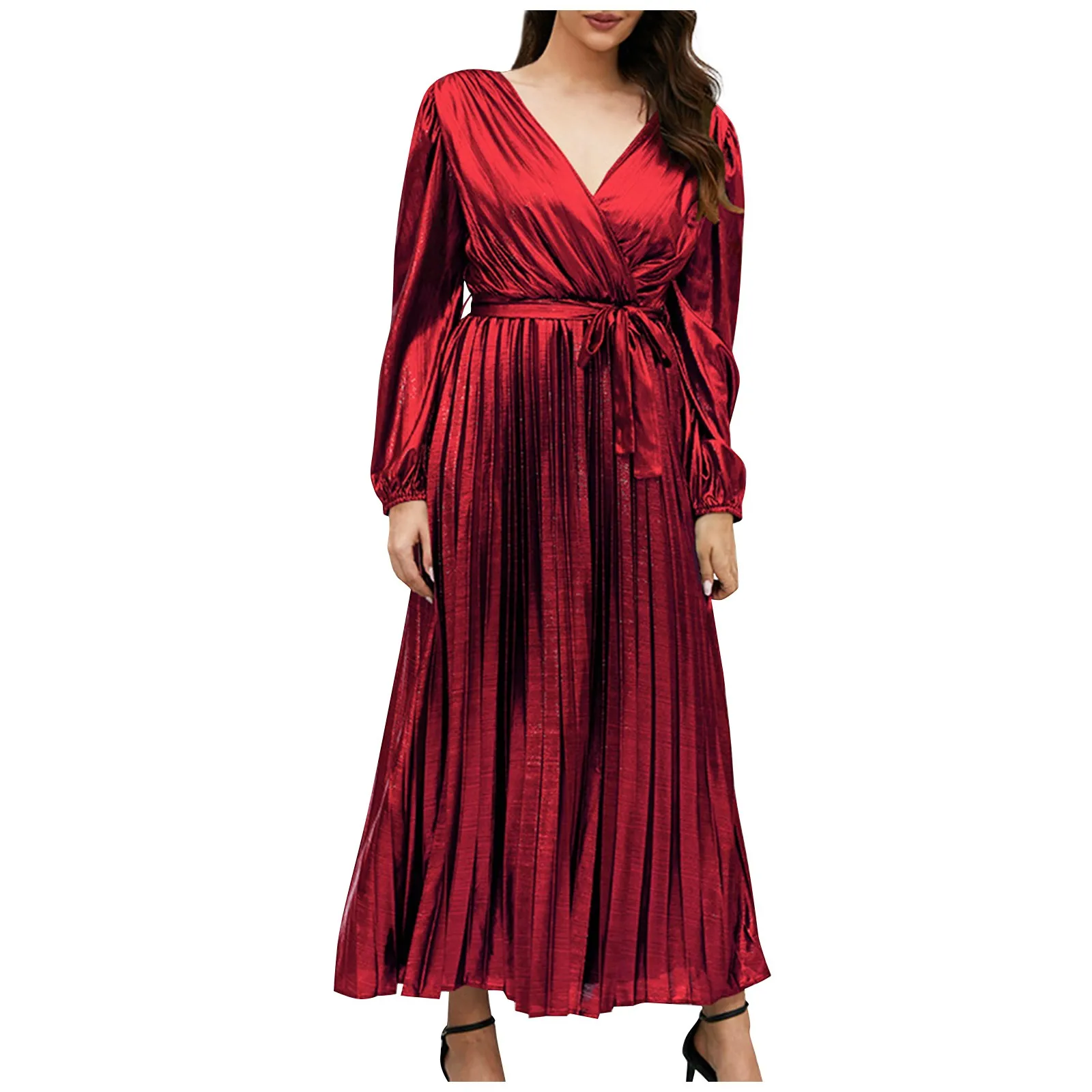 

Женское модное сексуальное платье с v-образным вырезом, длинным рукавом и оборками, с высокой талией, большие размеры, женские элегантные однотонные платья макси 2023