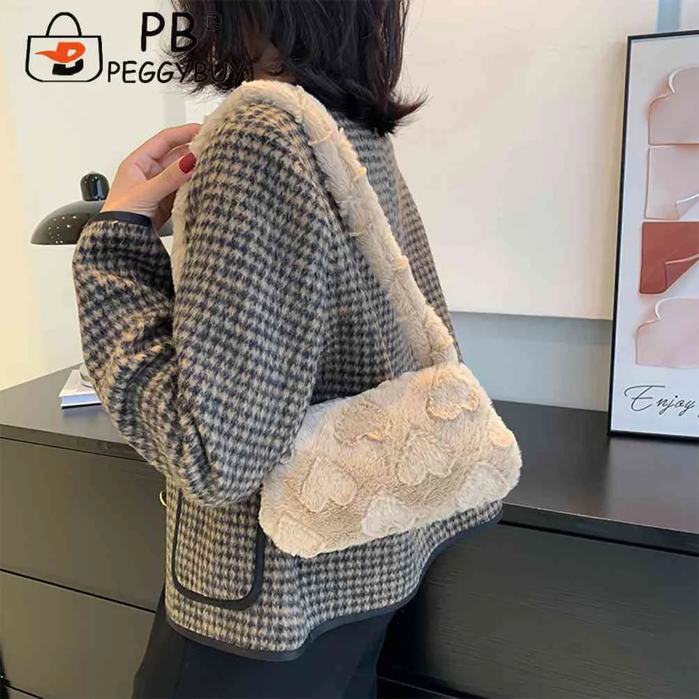 

Fashion Women Shoulder Bags Solid Color Heart Plush Top-handle Underarm Bags Casual Zipper Top-handle Handbags Simple for Ladies