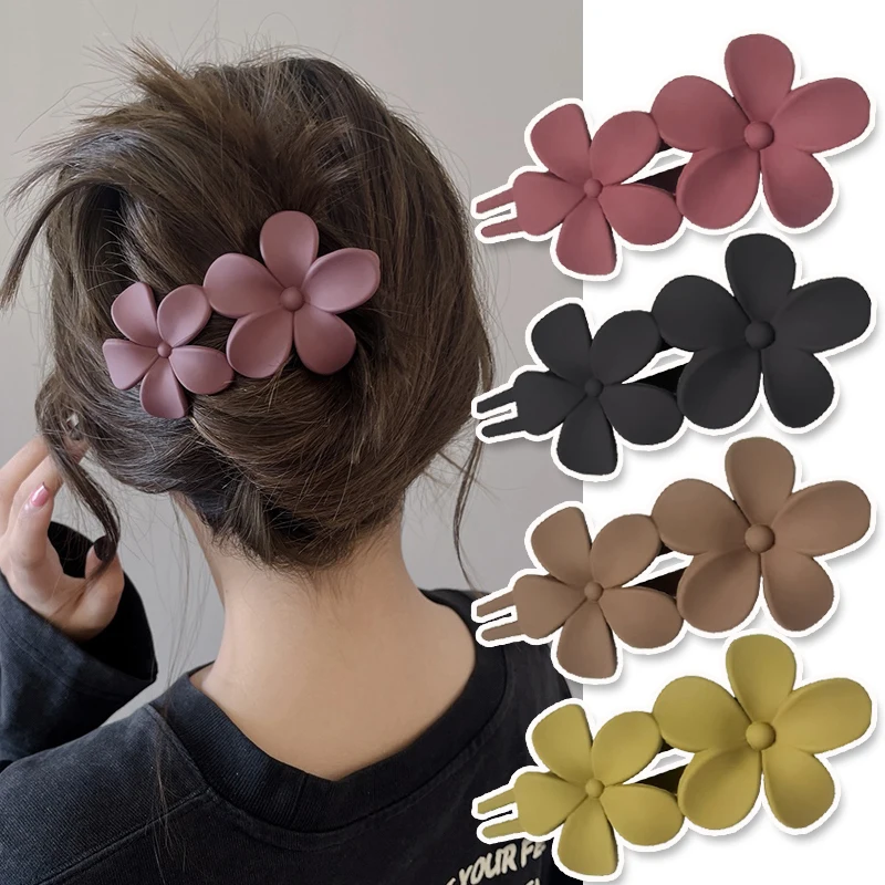 

Solid Color Double Flower Hairpin Fashion Barrette Acrylic Hair Clips Duckbill Ponytail Styling Claw Women Hair Accessories