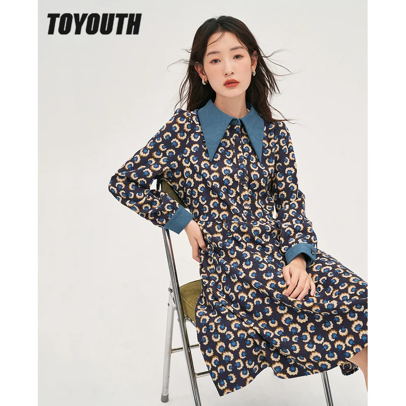 Toyouth Women Dress 2022 Winter Long Sleeves Polo Neck A-line Retro Contrast Color Elegant Casual Streetwear Midi Skirt