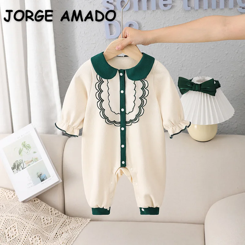 

New Autumn Baby Girl Romper Peter Pan Collar Green Coffee Patchwork Long Sleeves 1pcs Jumpsuit Newborn Clothes E9311
