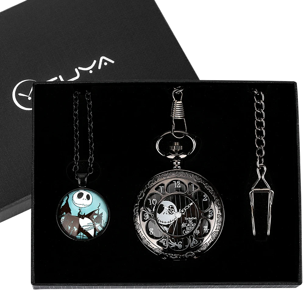 Pocket Watch Sets for Men Black Hollow Cover Skull Movie Cosplay Gift Set for Men Women Quartz Pocket Watch Necklace Pendant