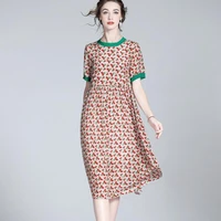 zuoman casual floral mulberry silk midi dress summer loose 4xl size short sleeve dress women elegant bodycon vestidos