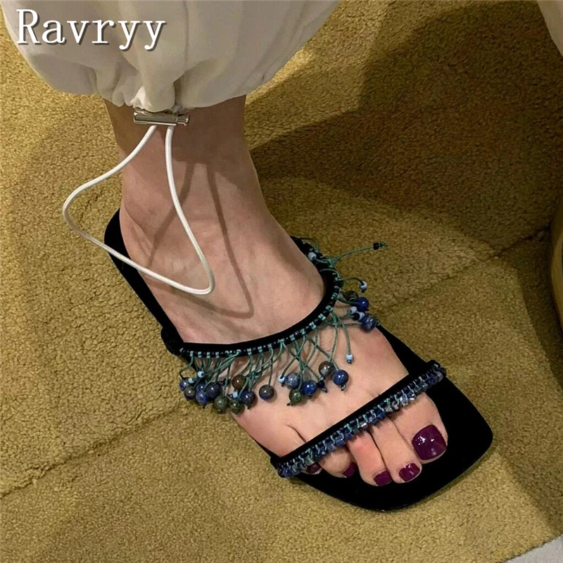 Дизайнерские женские шлепанцы с бахромой летние новые пляжные квадратным носком