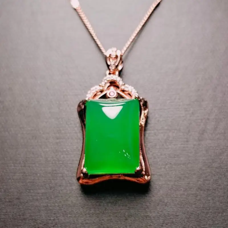 

Natural Green Jade Rectangle Pendant With Zircon And Ruby Necklace Women Fine Jewelry Accessories For Girlfriend Mom Gifts