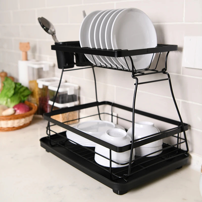 

Kitchen Black Dish Drying Rack 2 Tier Dish Rack iron Utensil Holder Dish Drainer