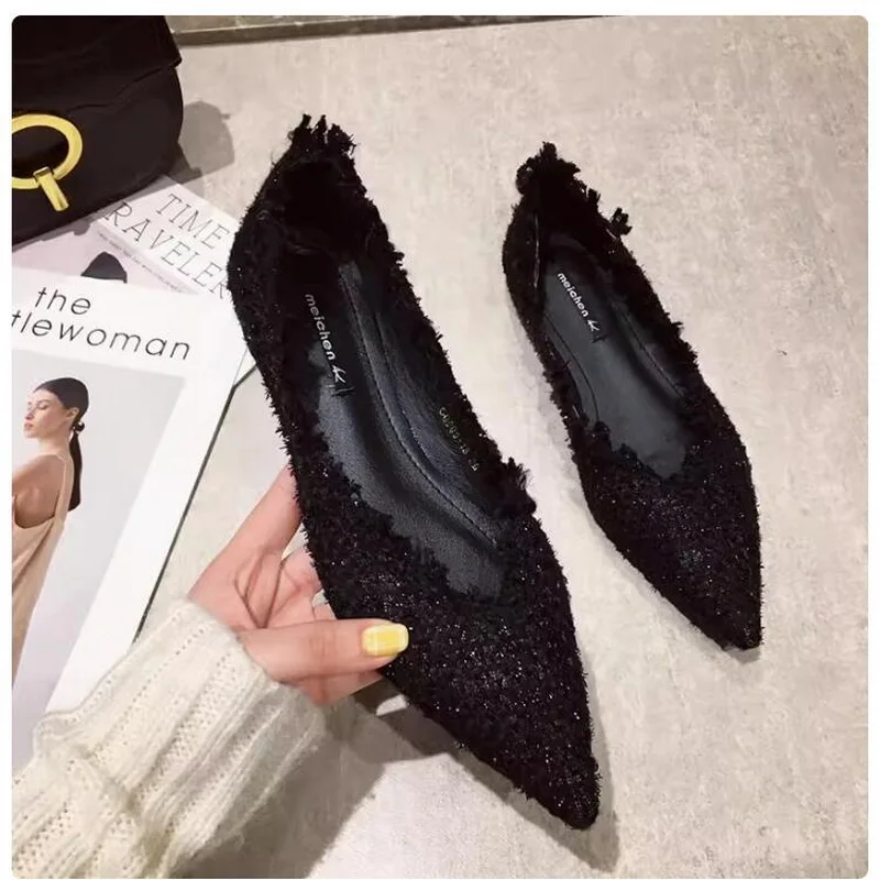 Туфли женские с острым носком балетки без застежки лоферы плоская подошва стиль