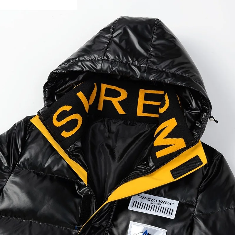 2022 New winter shiny leather thick warm winter jacket casual parka waterproof stand collar hooded street style jacket jacket