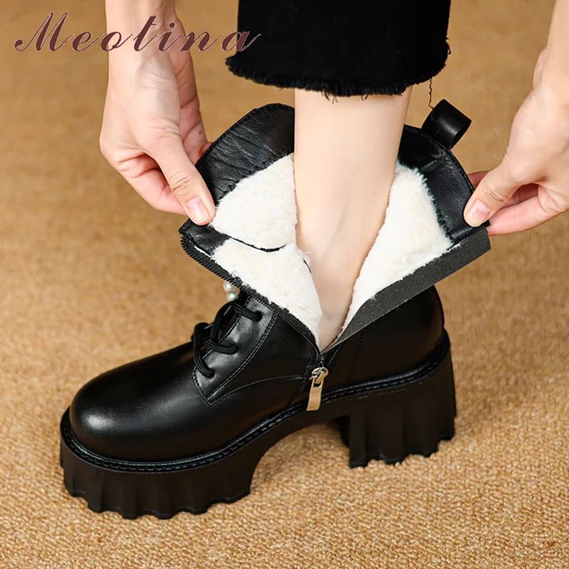 

Meotina Women Genuine Leather Fur Wool Ankle Boots Round Toe Platform Block High Heel Zipper Chain Lady Short Boot Winter Shoes