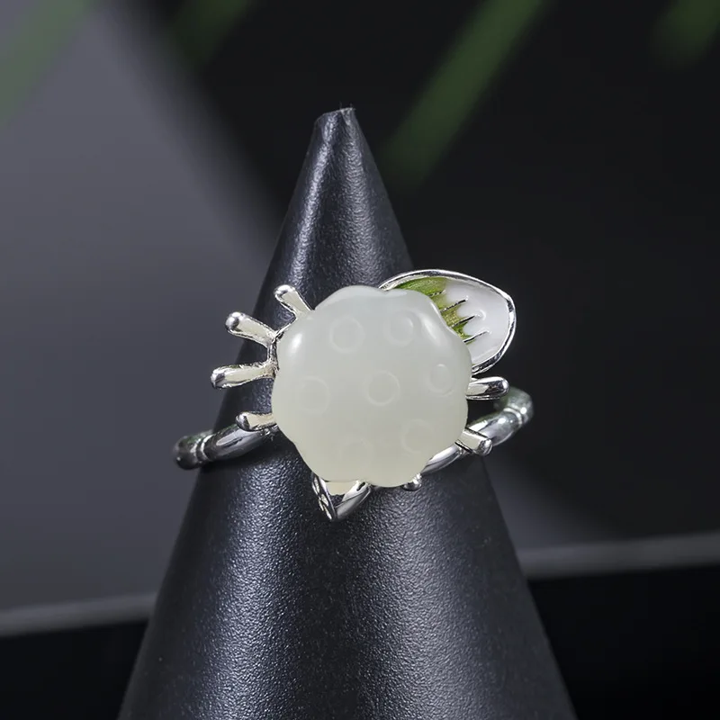 

Real 925 Sterling Silver National style personality Hetian jade lotus pod ring female design sense niche ring jewelry wholesale