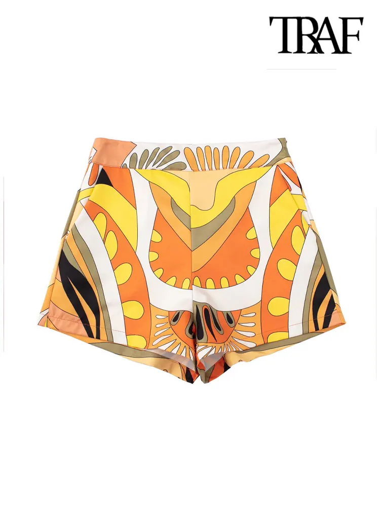 

TRAF Women Fashion Front Pockets Printed Shorts Vintage High Waist Zipper Fly Female Short Pants Mujer