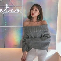 fashion torticollis full sleeve knit sweater women cold strapless elastic knitted pullover 2022 sexy strapless y2k pullover