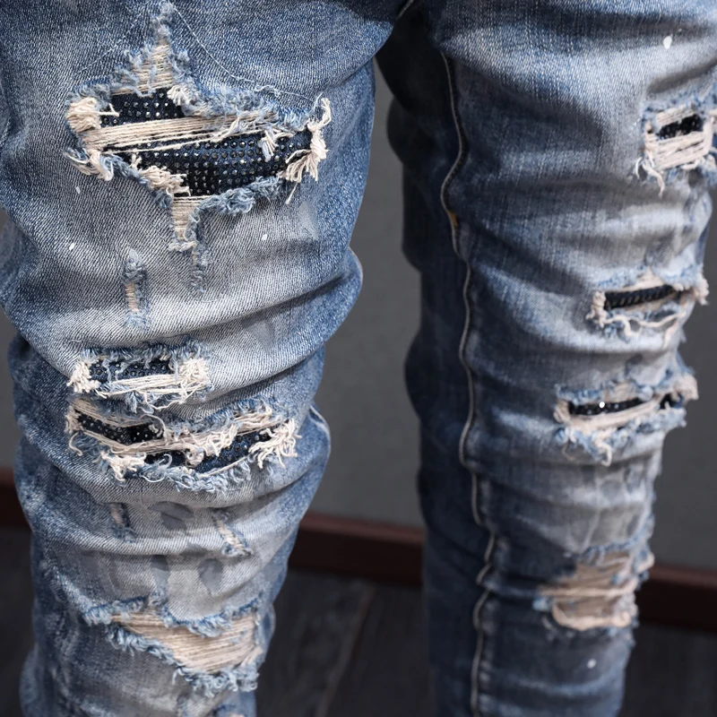 Street Fashion Men Jeans Retro Blue Stretch Painted Skinny Ripped Jeans Men Beading Patched Designer Hip Hop Brand Pants Hombre
