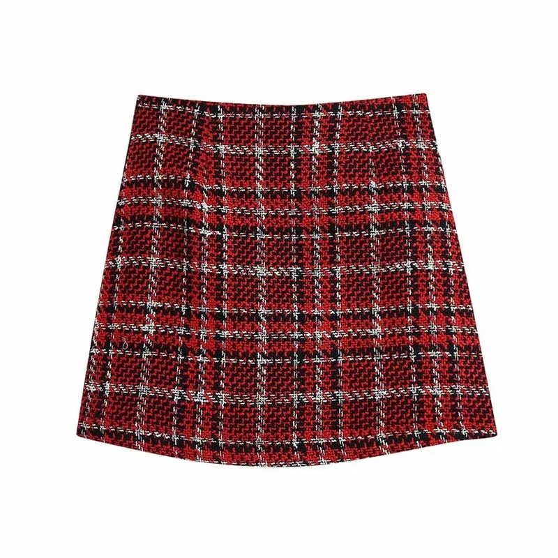 Fashion Tweed Plaid Blazer Suit Two Piece Set 2023 Women Double Breasted Casual Office Blazer High Waist Slim Mini Skirt Suits