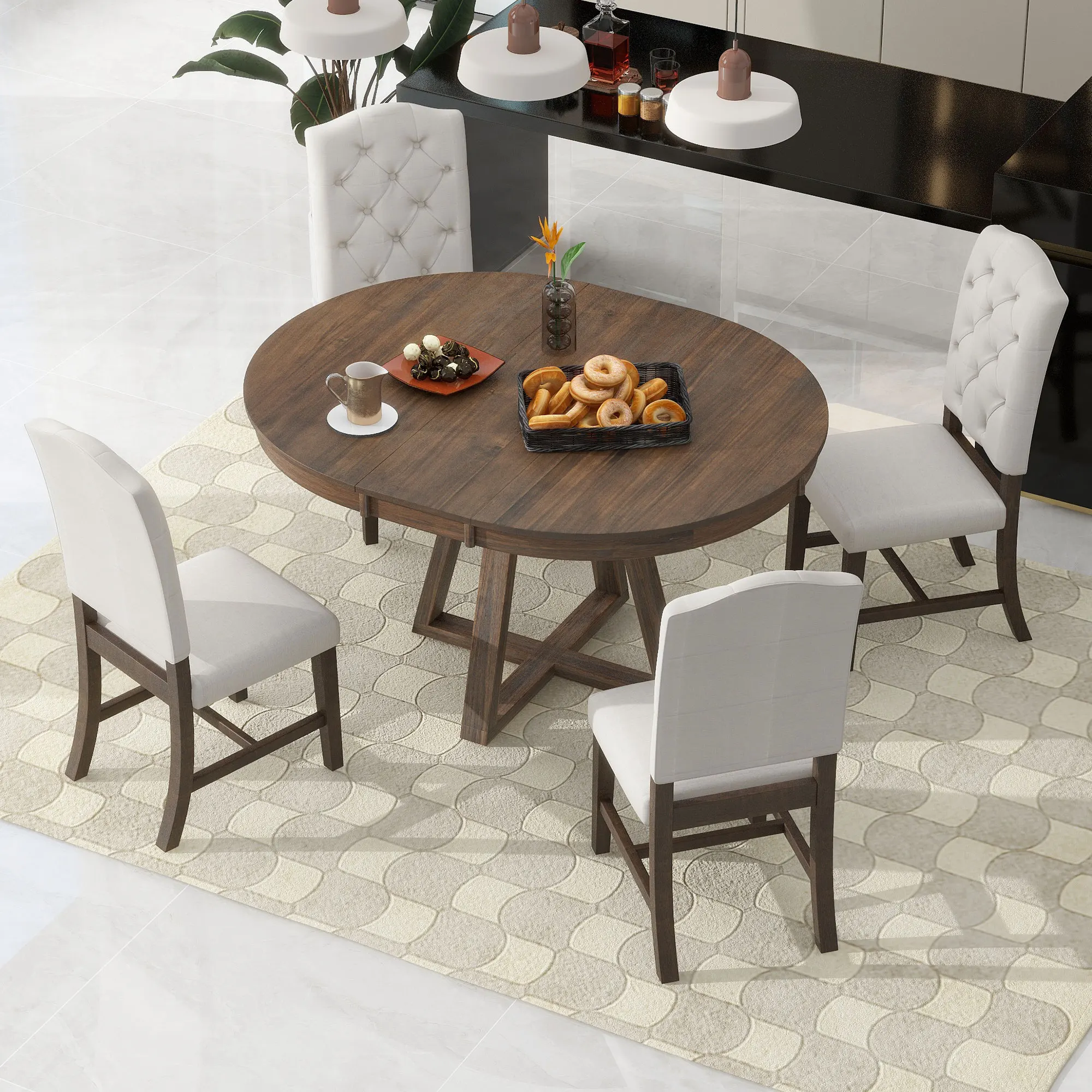 

Столовый ретро-набор из 5 предметов, круглый стол с листьями 16 дюймов и 4 мягкими стульями для столовой и гостиной (орех)