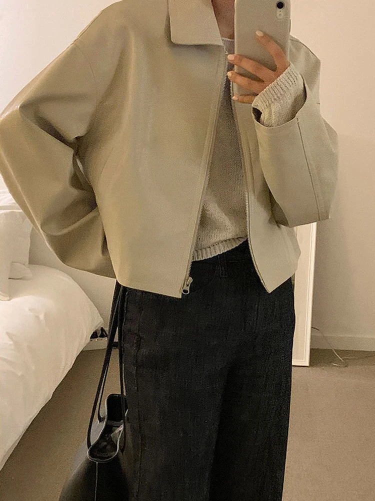 Korean Fashion Elegant Leather Jacket Women Winter Streetwear Cropped Faux Fur Coat High Street Vintage Moto Biker Zipper Jacket
