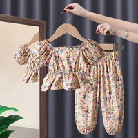 suit kids clothing floral square collar puff sleeve top cropped trousers cotton children sets waist retraction temperamental