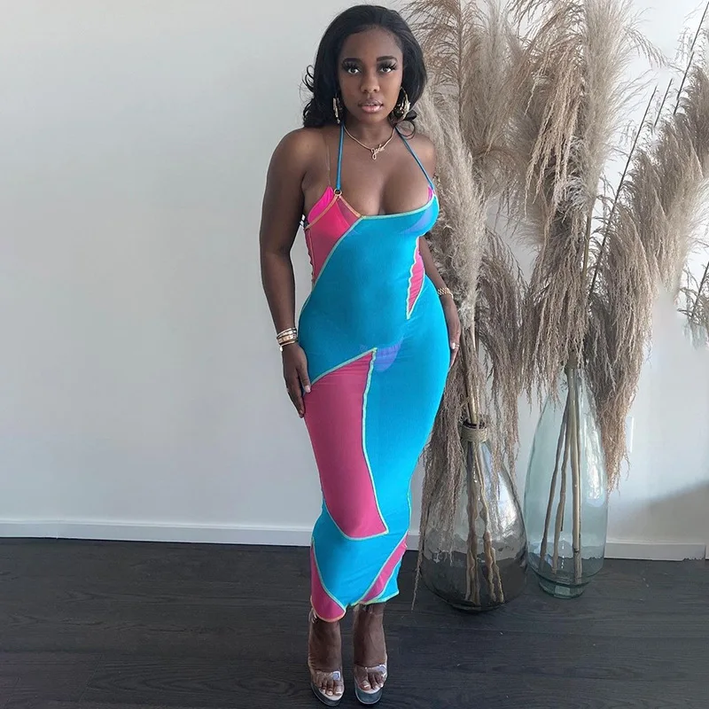 

Woman Sleeveless Mesh Dress Contrast Color Stripes Stitching Metal Ring Bodycon Dress S-L X22DS207