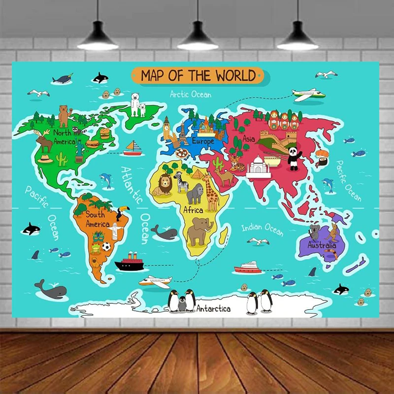 

Красочная карта фон мультфильм мира с животными по всему миру путешествия тема детский день рождения, день рождение мальчика детский душ фо...