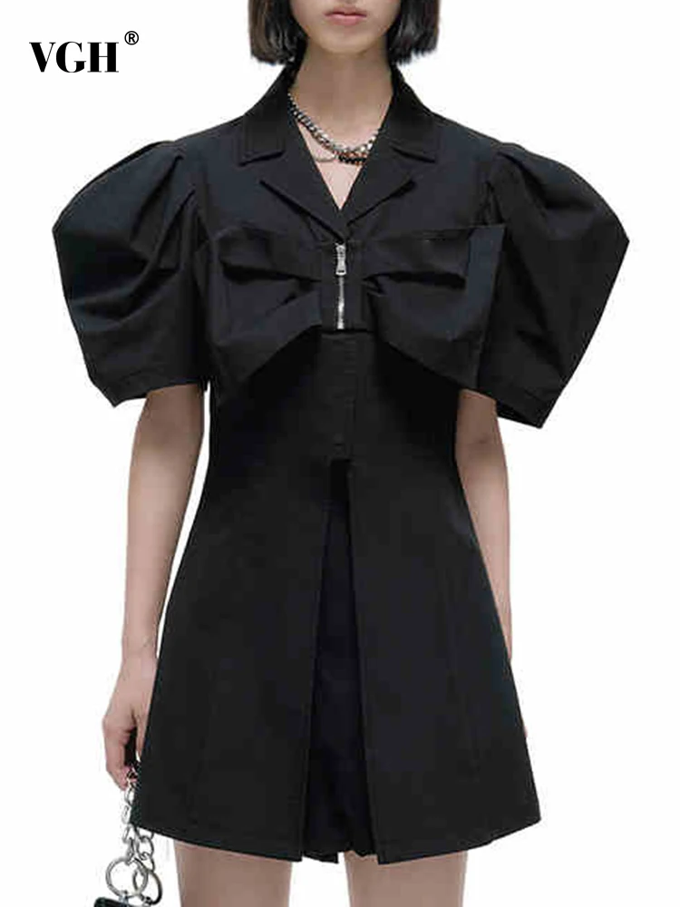 

VGH Casual Black Two Piece Set For Women Notched Short Puff Sleeve Shirts High Waist Short Pants Female Suit 2022 Spring Clothes
