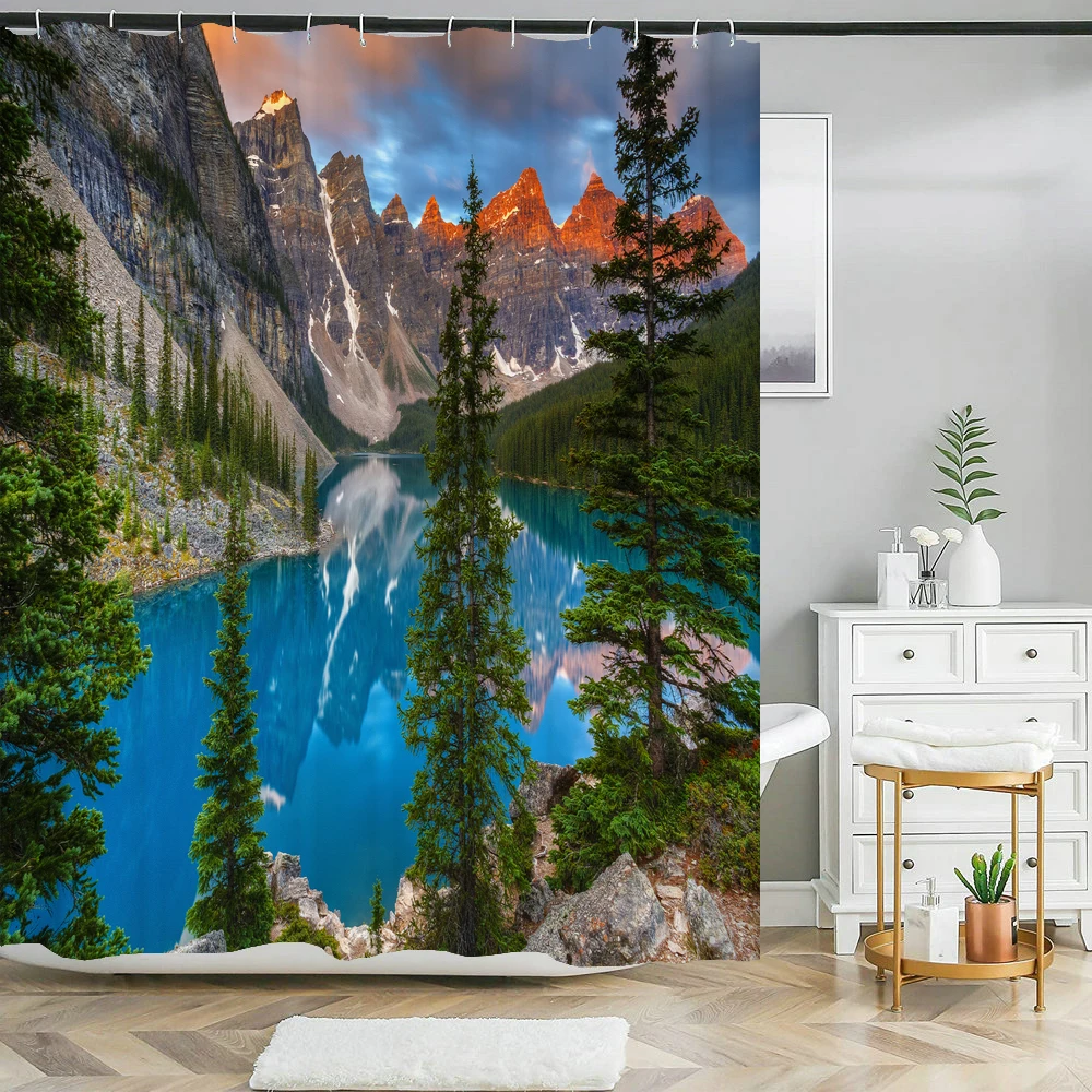 

Nordic Style Mountains Forest Landscape Shower Curtain Natural Scenery Home Bathtub Decor Waterproof Polyester Bathroom Curtains