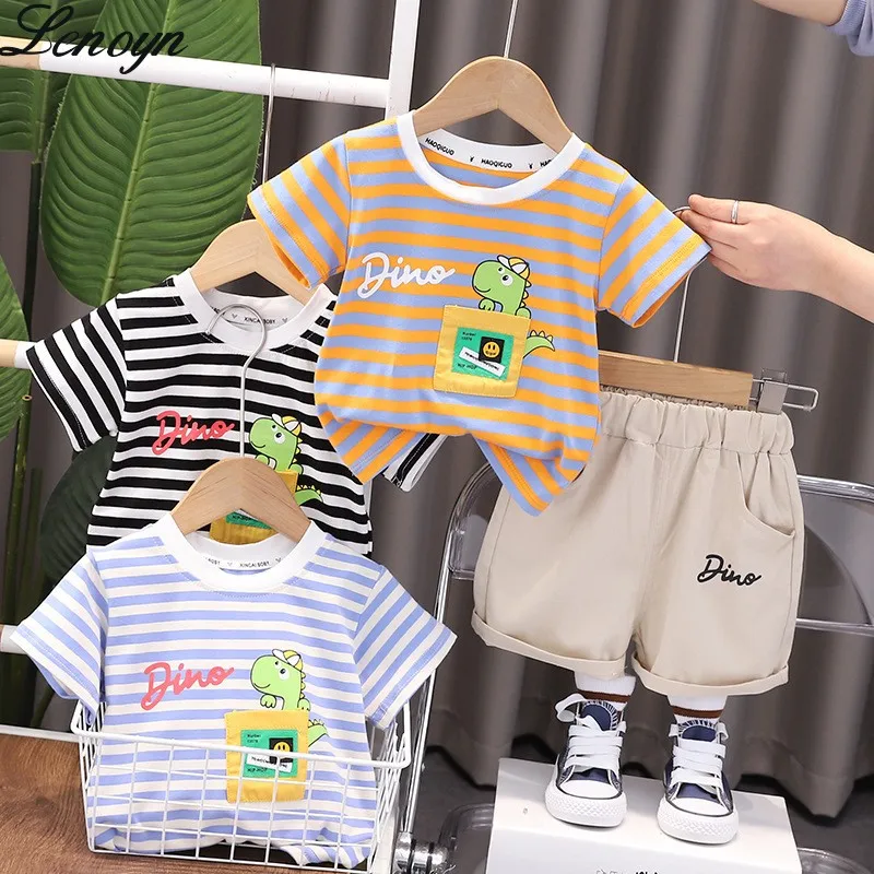 

Lenoyn 2023 Summer New Boys' Striped Round Neck Short Sleeve T-shirt Set Boys' Casual Cartoon Shorts Short Sleeve Two Piece Set