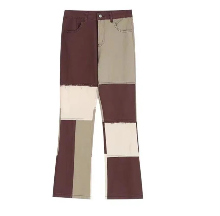 Mens Casual Slim Fit Brown Patchwork Denim Pants 2023 Hip Hop Jeans for Men with Straight Loose Denim Pants Men's Fashion Pants