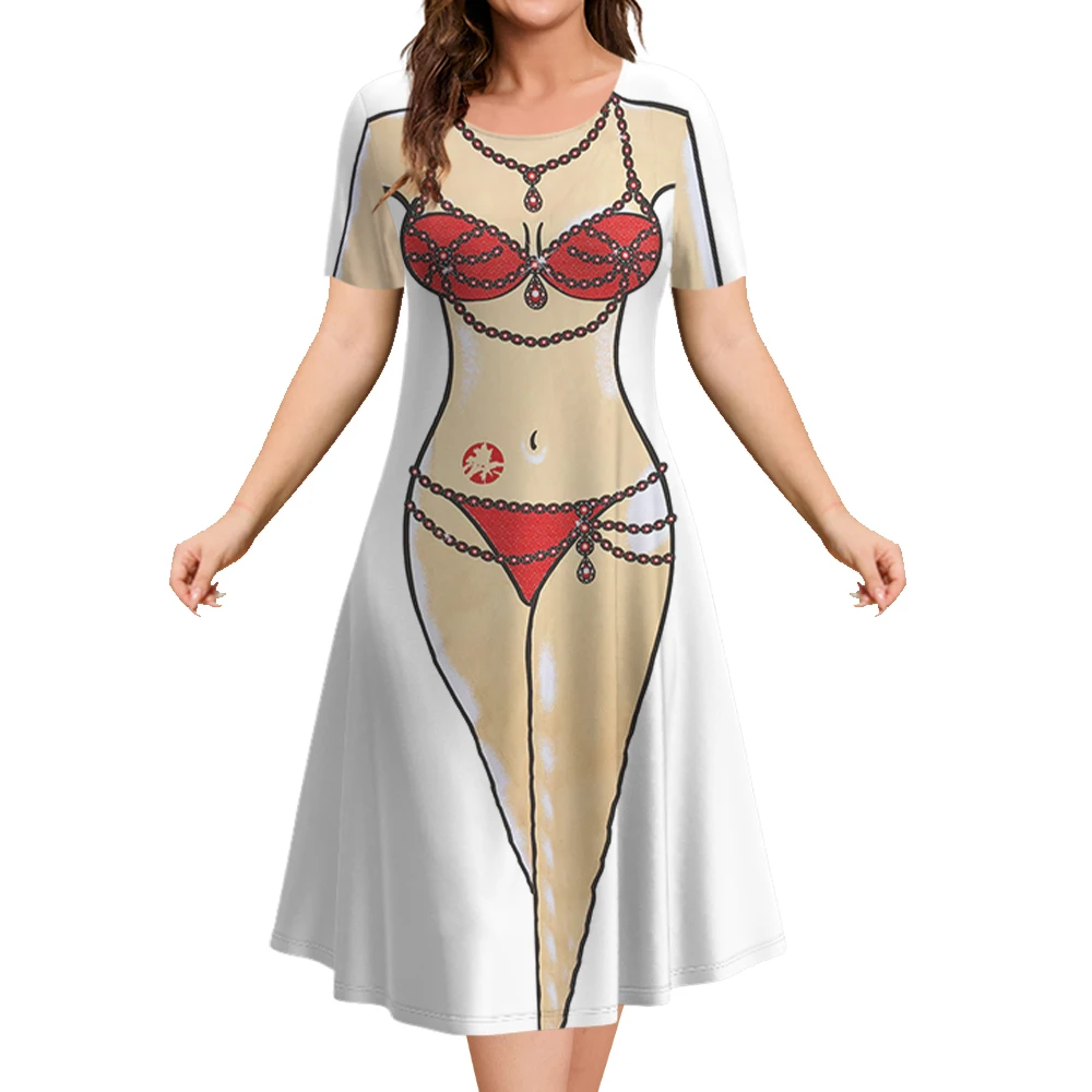 

2023 New Women‘s Dresses 3d Bikini Print Short Sleeve Clothing Casual Fashion A-Line Skirt Summer Lady Oversized Vacation Dress
