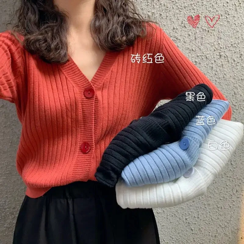 

Y2K Spring Autumn New V-Neck Knitted Cardigan Women's Sweater coat Thin Sweater All-Match Jacket Pure Color Basic Small