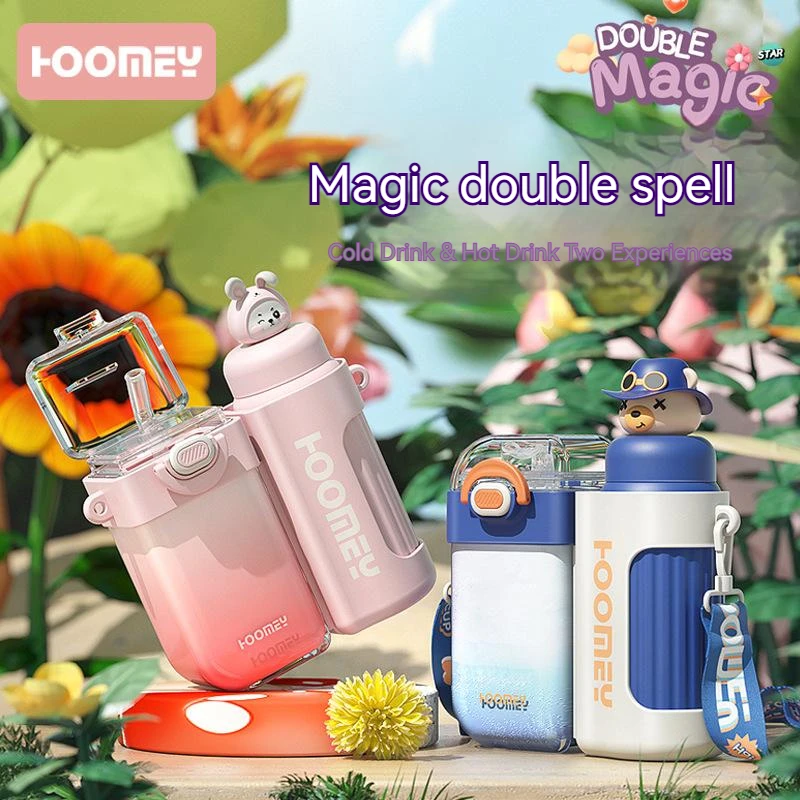 

Child Thermal Double Water Bottle Girls Kids Stainless steel Drink Thermos Bottle Cute Magic Plastic Thermal Cup Straw And Strap