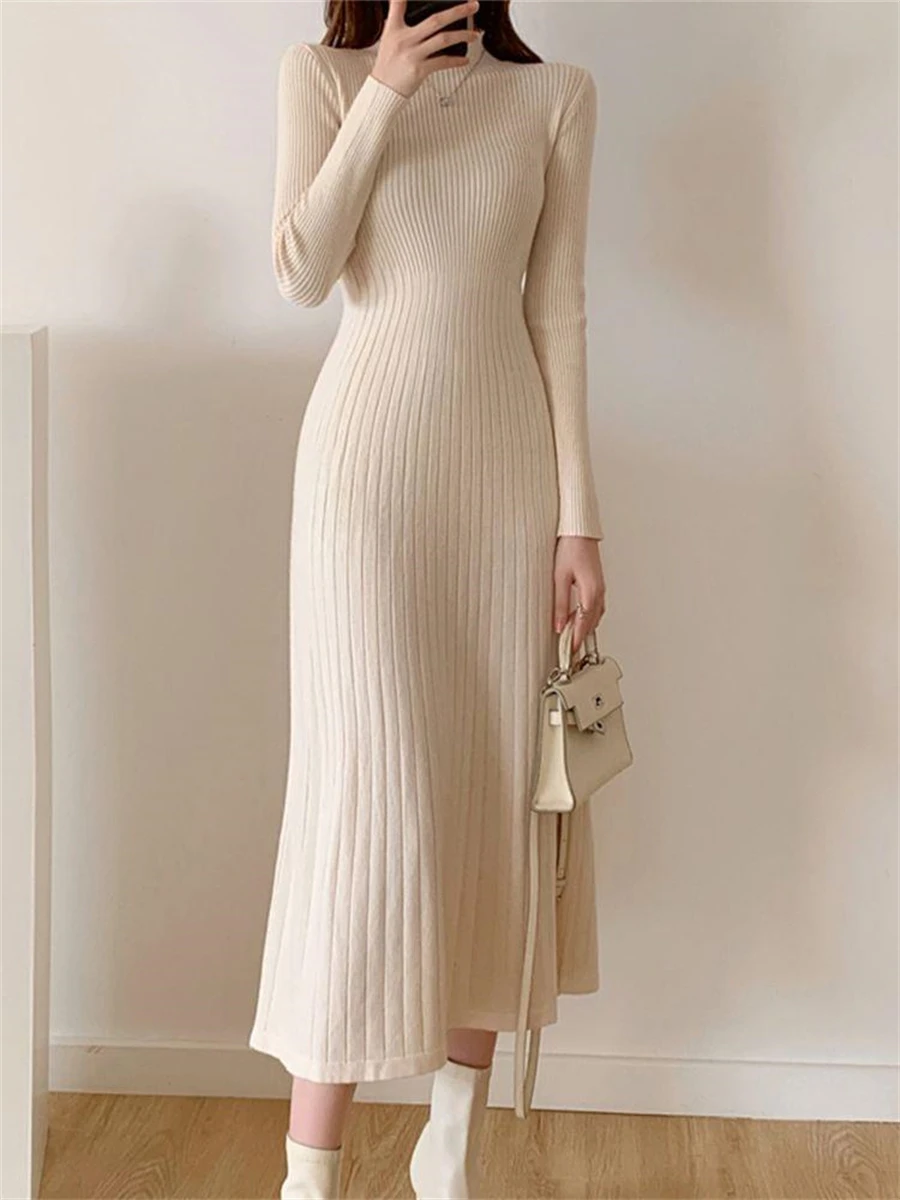 

Midi Dresses Women Autumn Winter Casual Female Fashion Elegant Long Sleeve A Line Robe Female Clothes Sweater Knitted Dress