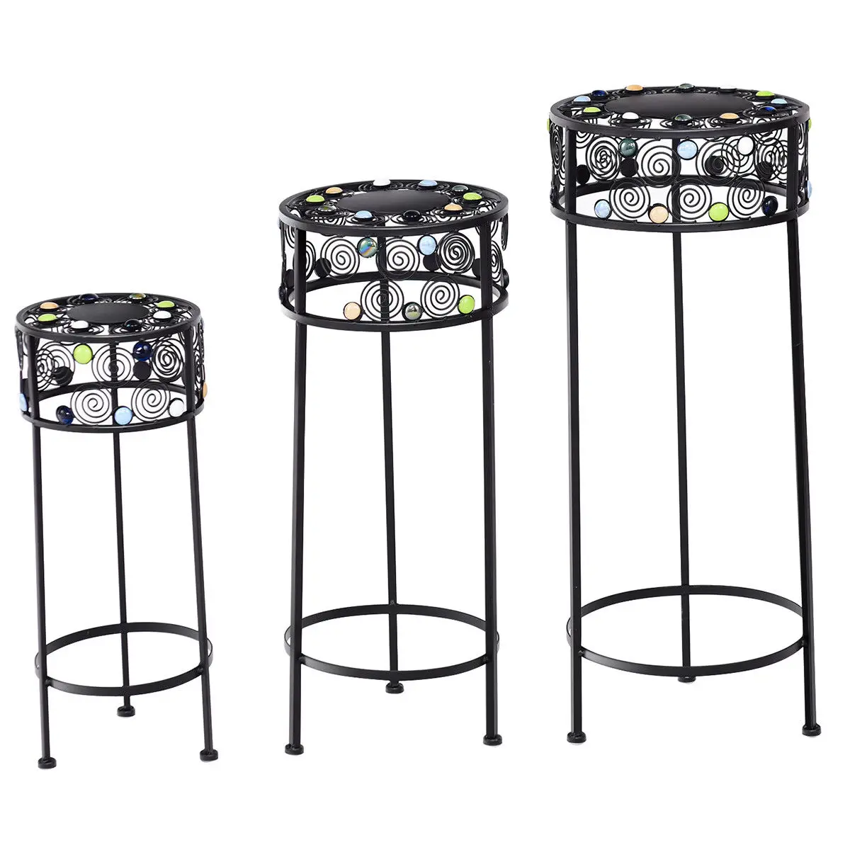 

Ironwork Pot Plant Stand with Ceramic Beads decor, a Set of 3 Different Sizes