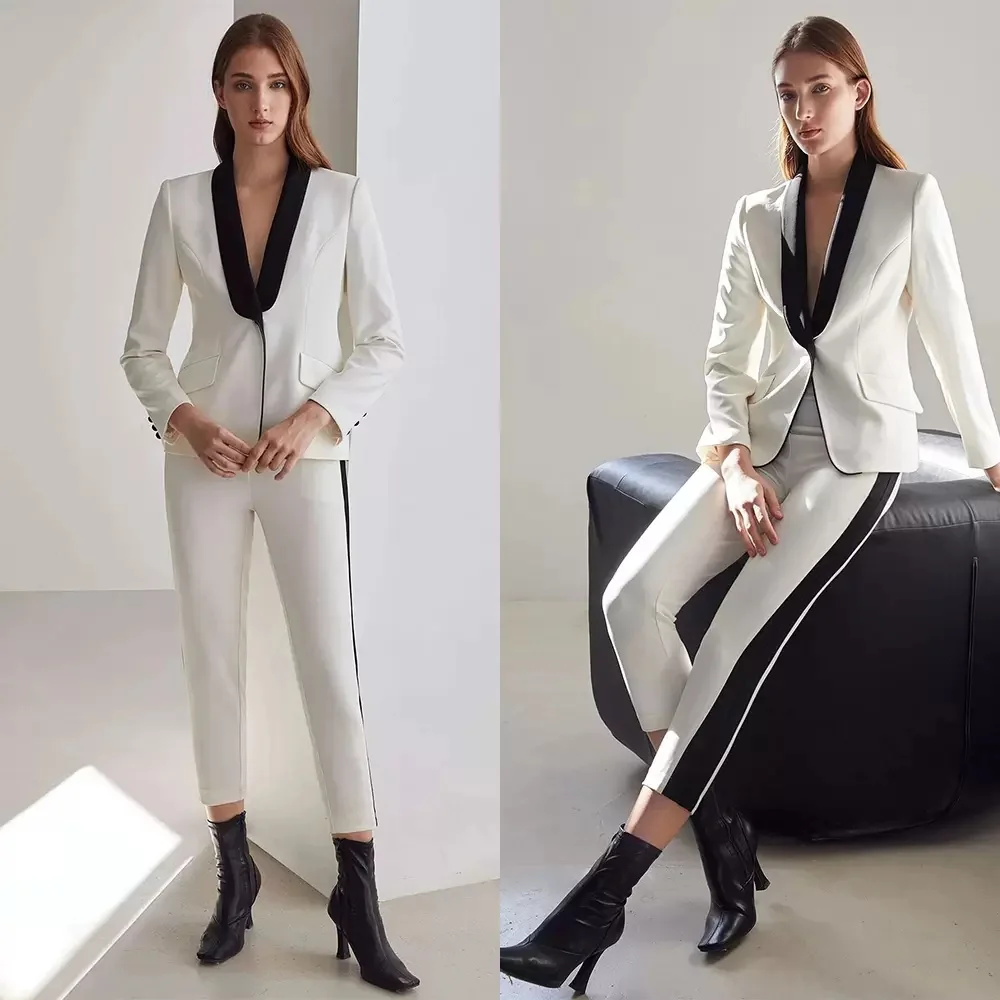 Women's Pant Suit 2 Piece White Blazer Trousers Formal Business Jacket Office Lady Workwear Female Complete Dress