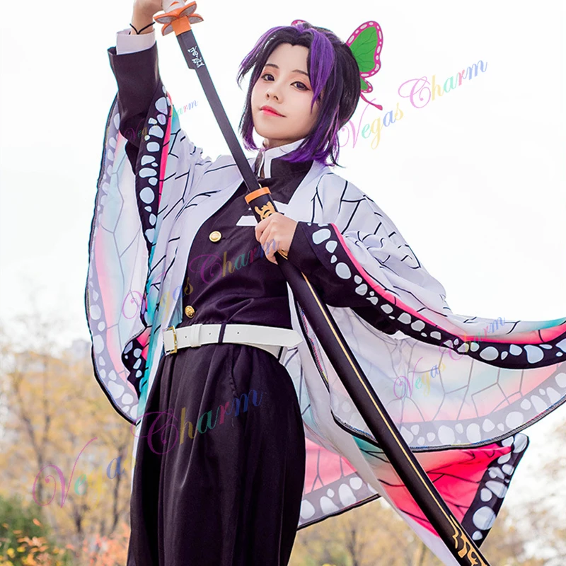 

VegasCharm Adults Kids Kochou Shinobu Cosplay Costume Wig Set Kimono Cloak Anime Demon Slayer Uniform with Party Outfit