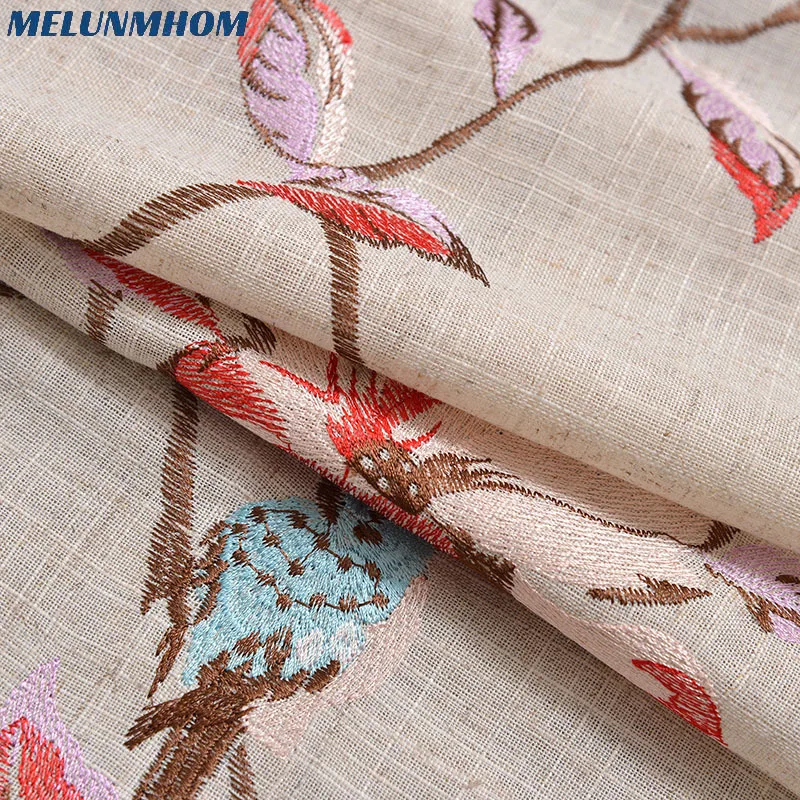 

Cotton Hemp Embroidered Flowers Bird Design Shade Curtains in Bedroom White Tulle Sheer Window Drapes For Living Room