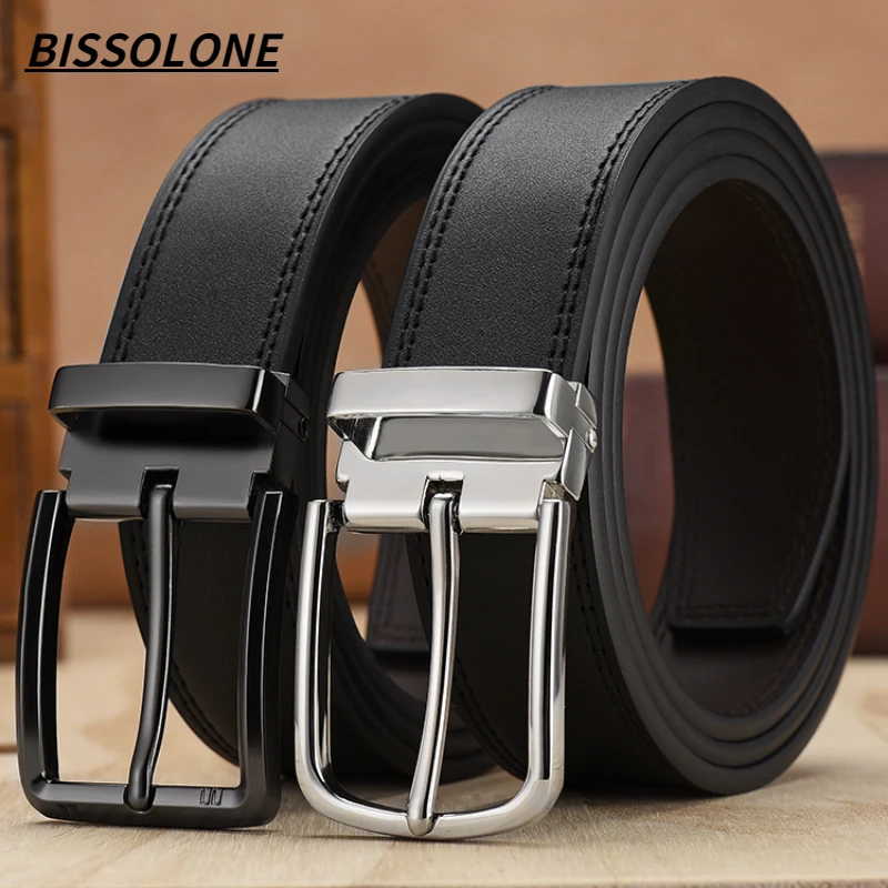 

BISSOLONE Men's Fashion Designer Genuine Leather Belts Metal Pin Buckle Business Luxury Belts for Men Jeans Dress Belt