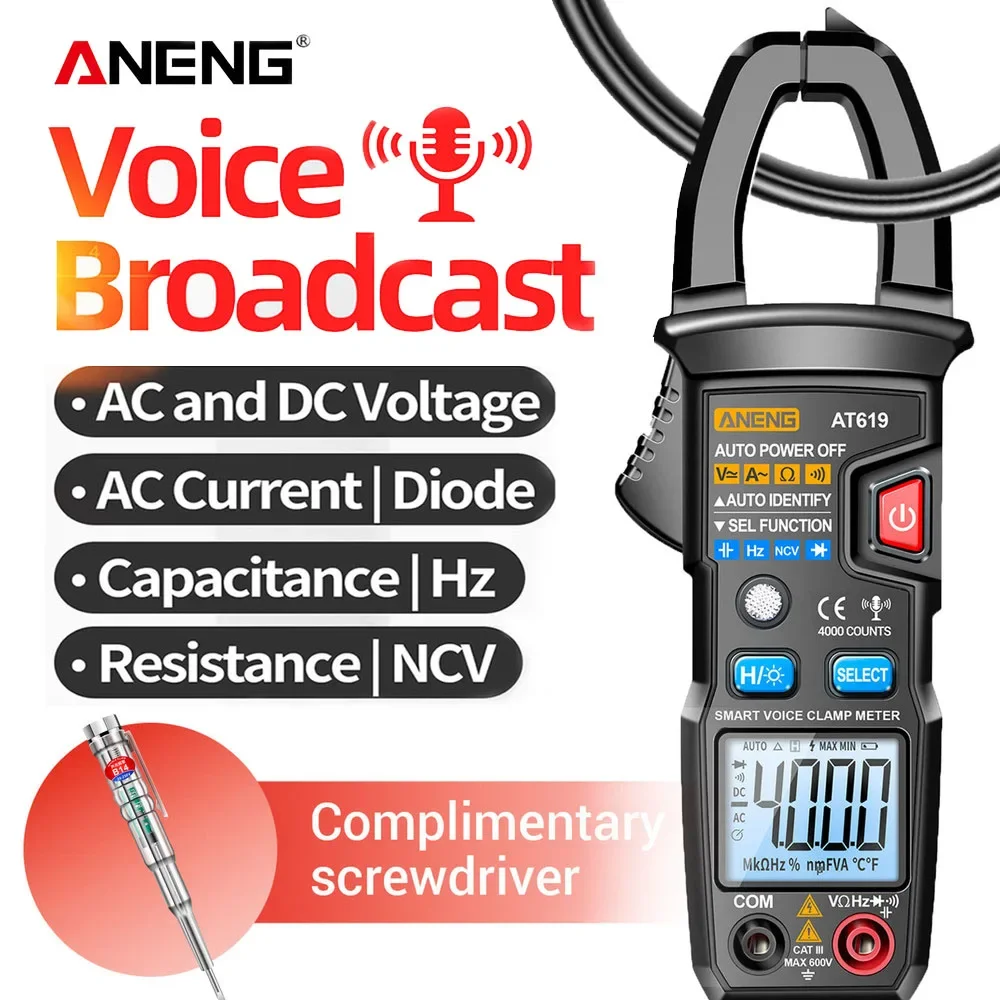 Фото ANENG AT619 Клещевой измеритель с голосовым оповещением, 4000 отсчетов, NCV, AC/DC 600В, 600А, тестер диодов, проверки целостности цепи, подсветка, автоматическое отключение, тестер для электриков №1