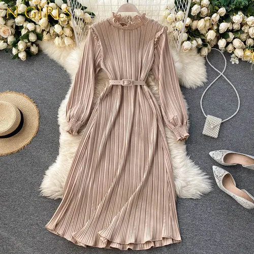 

N GIRLS2022 Fungus Stand Collar Slim Fit Pleated Dresses Autumn 2022 Chic Sashes Femme Vestidos Solid Color Fashion Dress