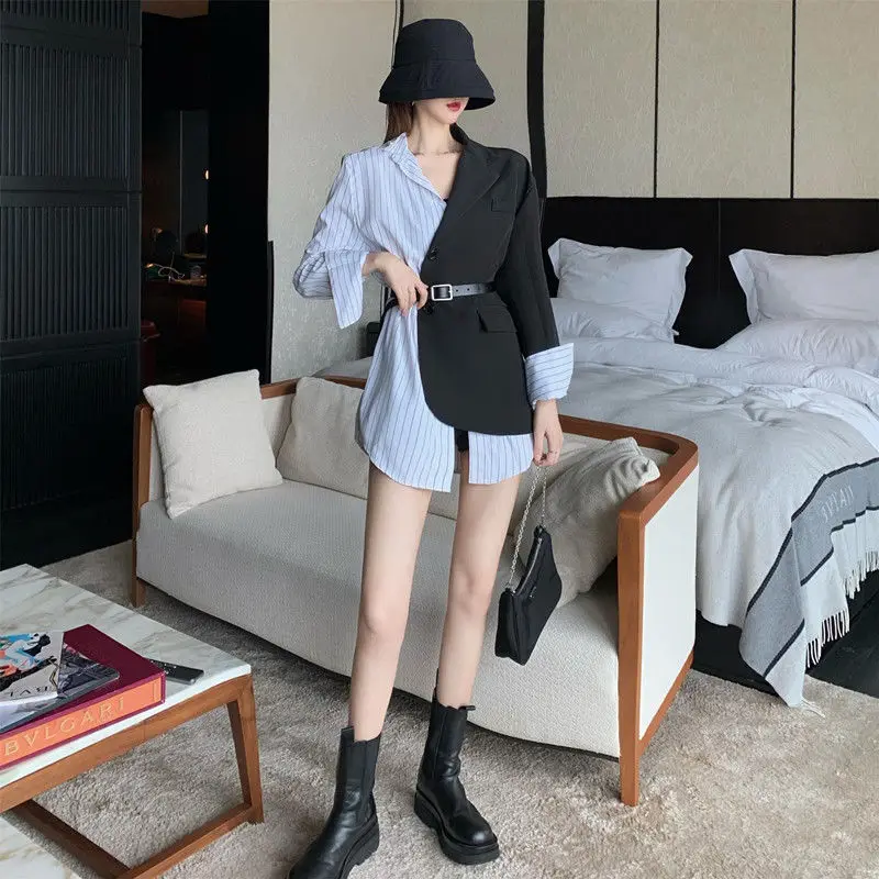 Women Korean Fashion Patchwork Blazers 2021 Spring Autumn Chic Slim Single Breasted Office Lady Suit New Vintage Commute Blazer